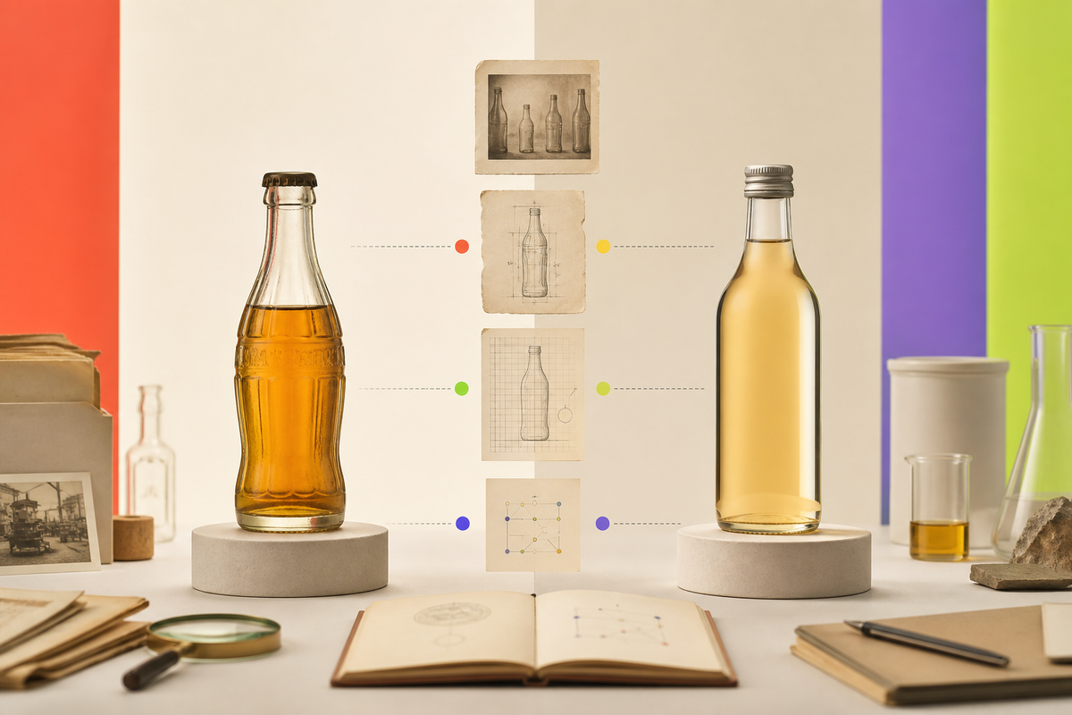 Heritage beverage package and modern prototype separated by a verified rights pathway