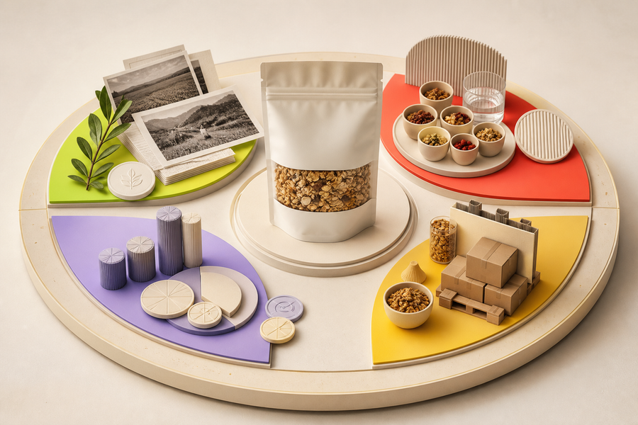 An unbranded food candidate surrounded by four responsible revival checkpoints