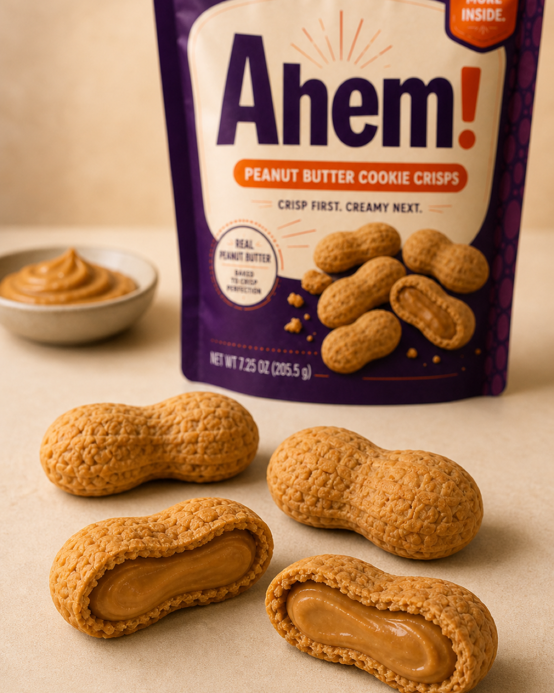 Cross-section view showing a crisp shell around a smooth peanut-butter-coloured centre