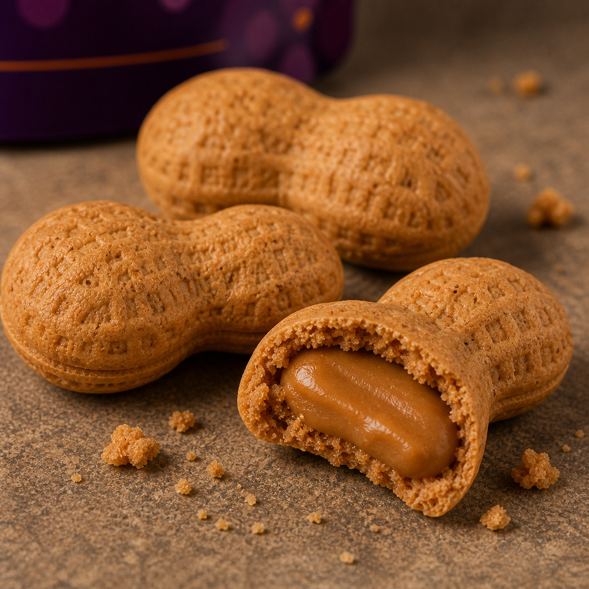 Close a textured cookie crisp with a smooth peanut-butter-coloured centre