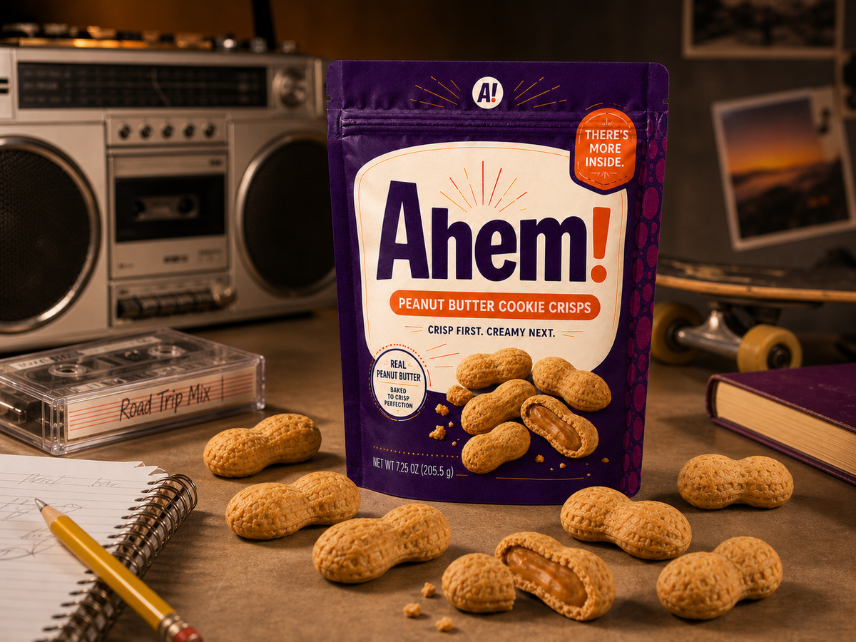 Ahem! pouch and filled cookie-crisp visualizations arranged on a desk
