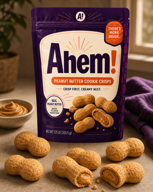 Purple Ahem! pouch beside peanut butter and filled cookie crisps