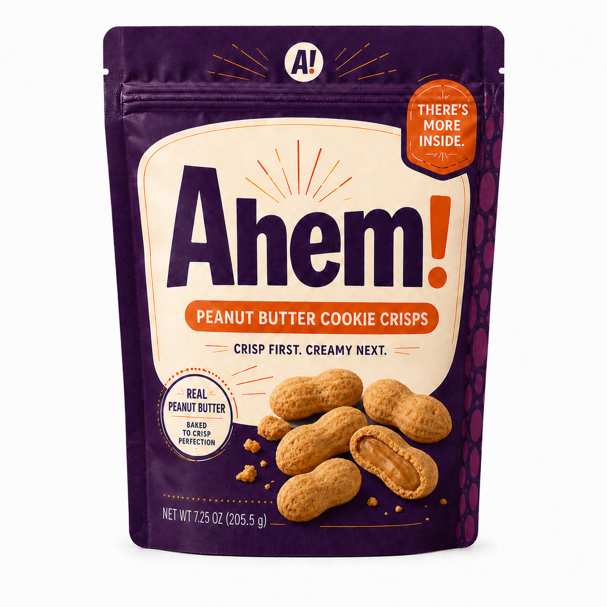Purple Ahem! peanut butter cookie crisps pouch on a white background
