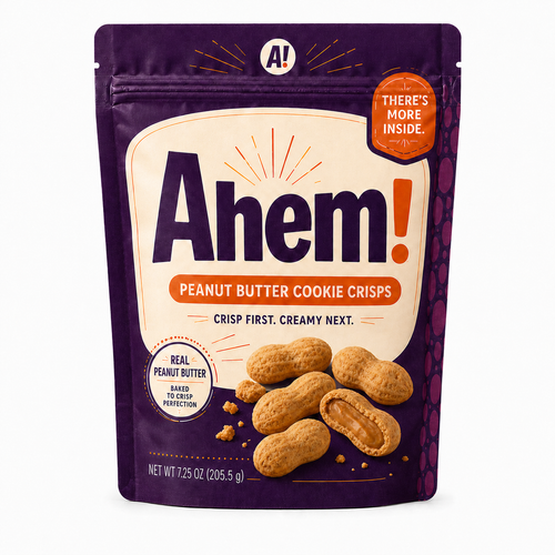 Purple Ahem! peanut butter cookie crisps pouch on a white background