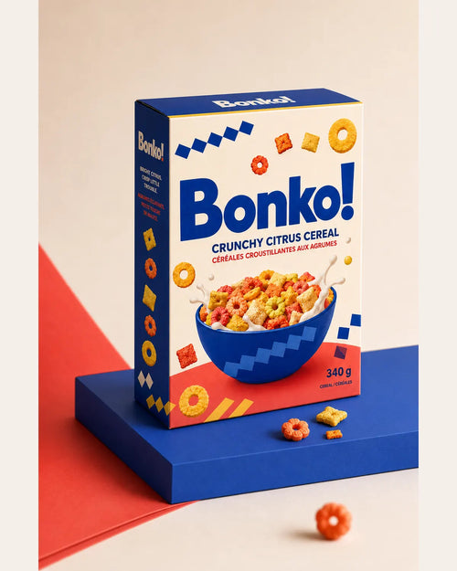 a BONKO! cereal carton on a blue plinth with colourful cereal pieces.