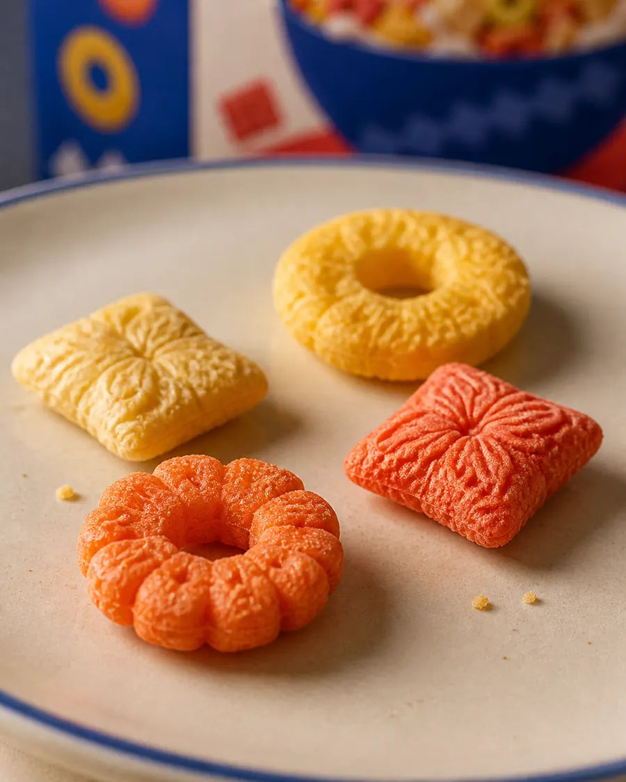 macro view of yellow, orange, and red BONKO! ring and geometric cereal forms.