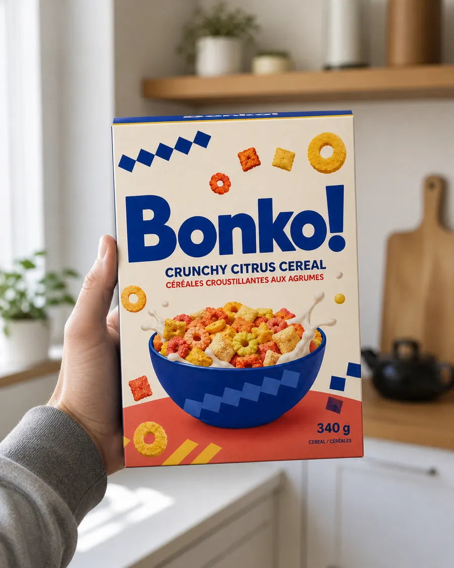 Adult hand holding a BONKO! cereal carton in a bright kitchen.