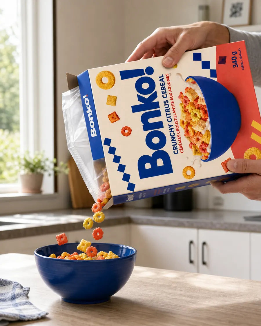 BONKO! cereal being poured from an opened liner into a blue bowl.