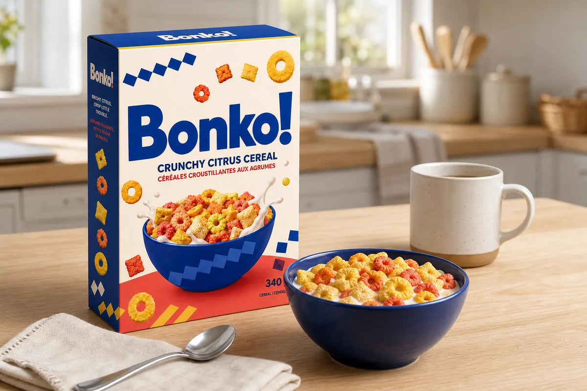 BONKO! carton and bowl in a weekday breakfast-table setting with milk, a mug, and a spoon.