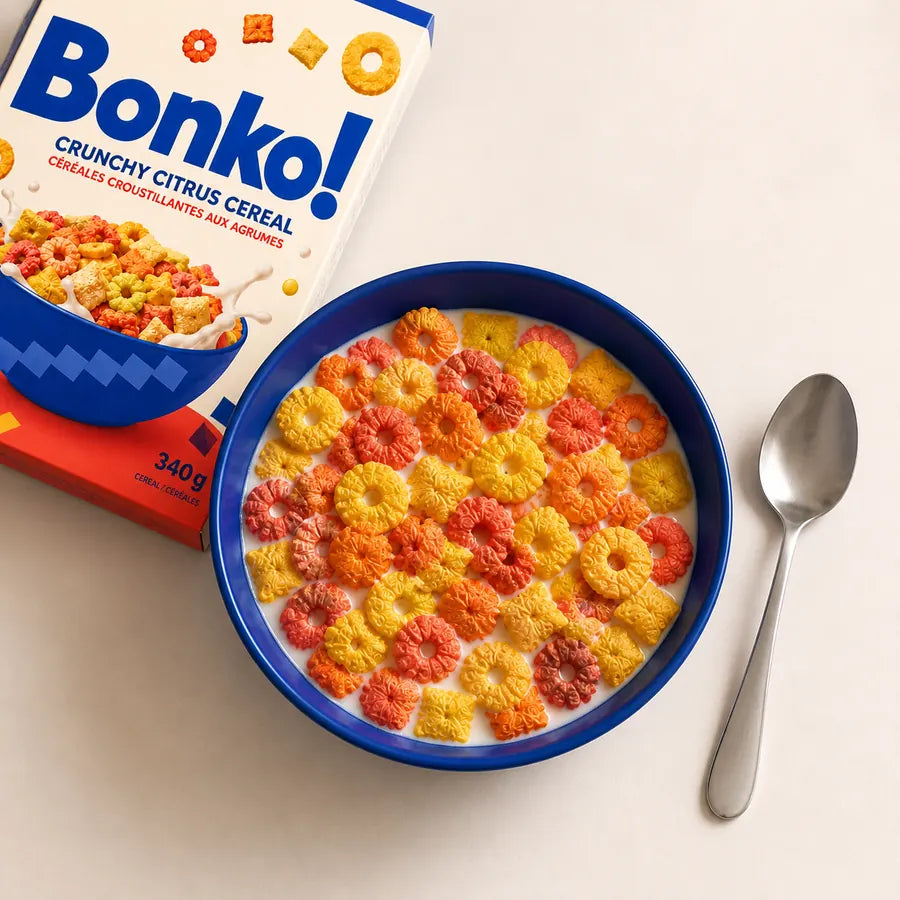 Overhead view of a bowl of colourful cereal with milk and part of a BONKO! carton.