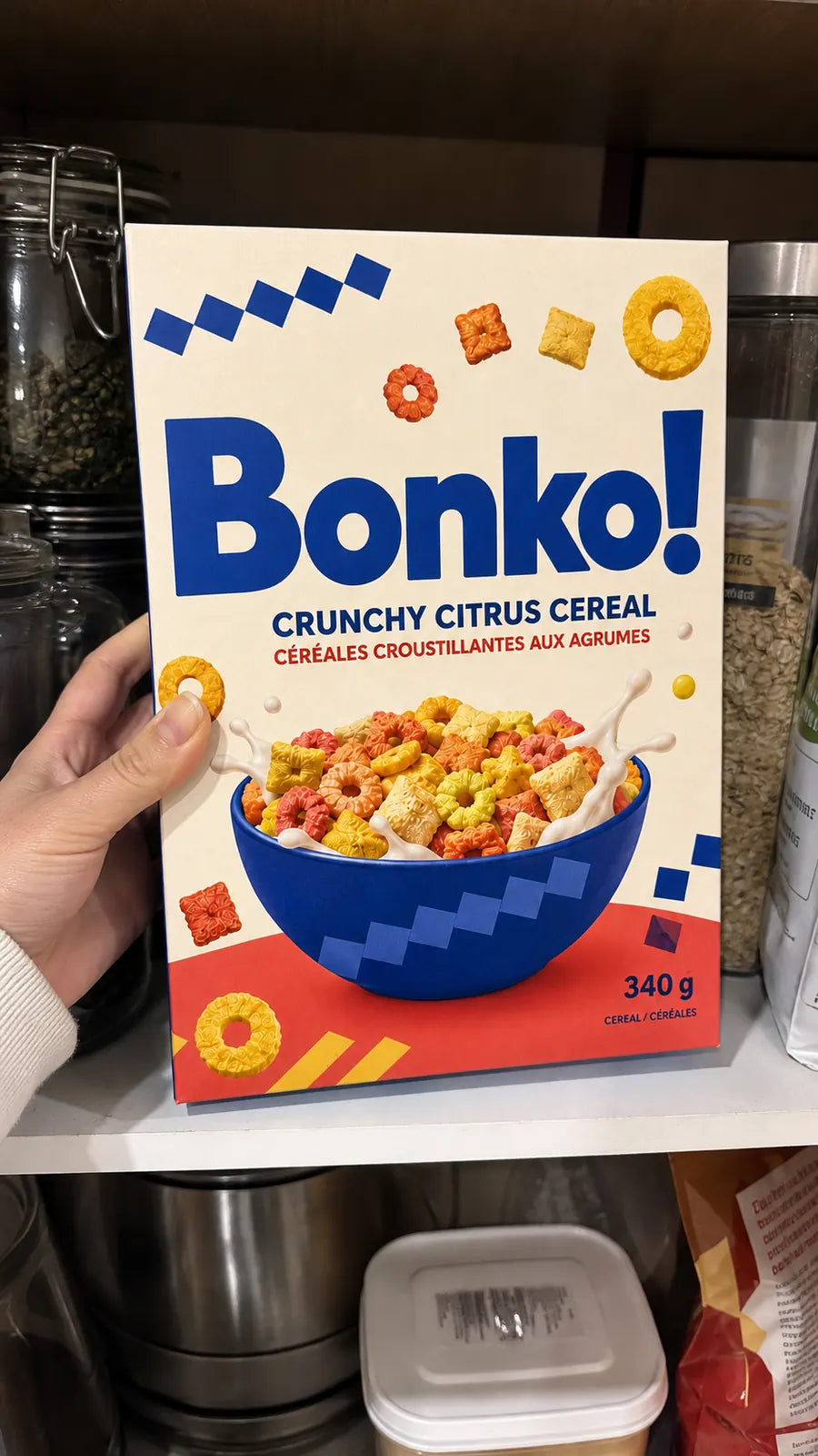 Phone-style image of a BONKO! cereal carton discovered on a pantry shelf.