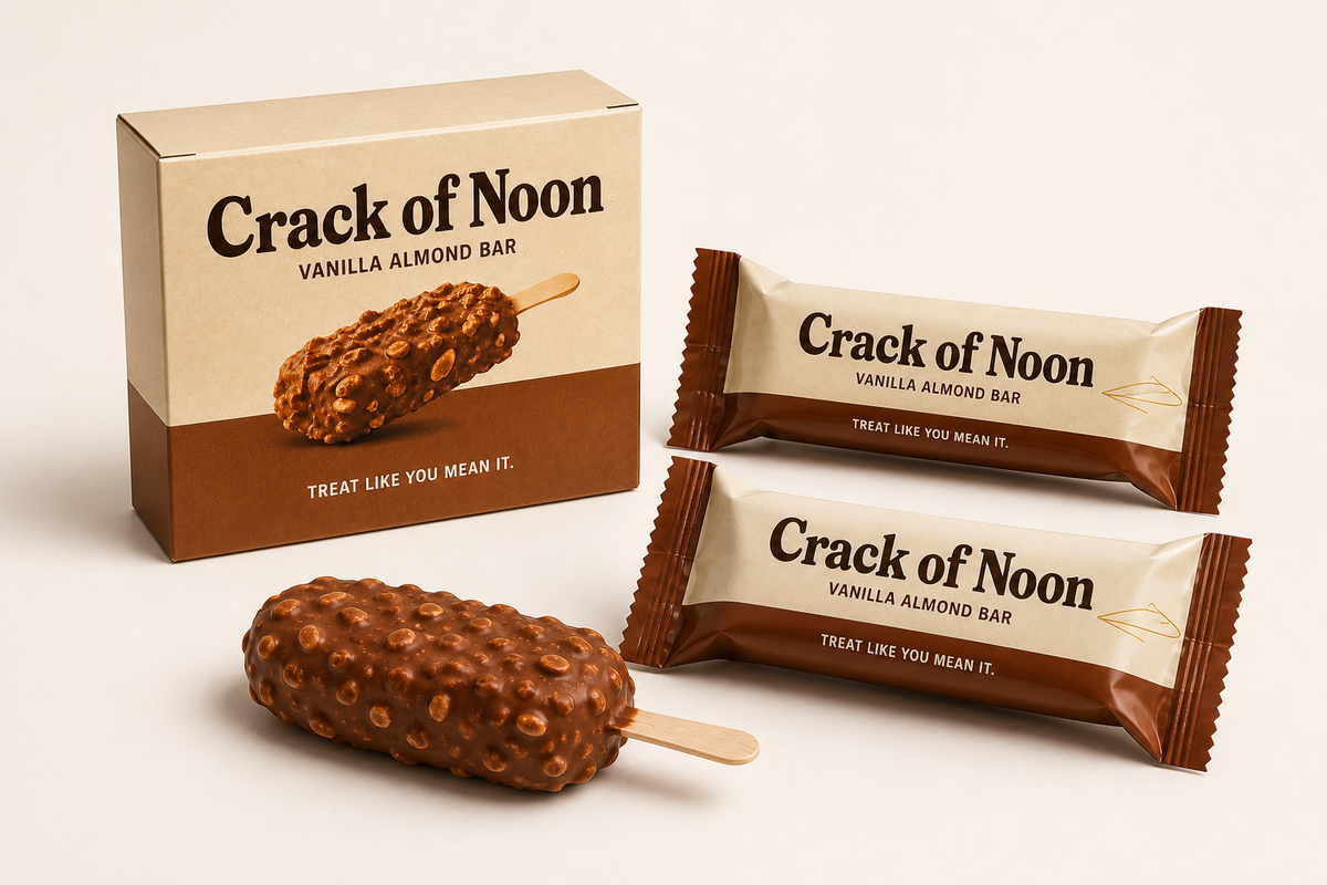 Crack of Noon concept carton, two wrapped bars and one unwrapped almond-studded frozen bar in a studio composition.