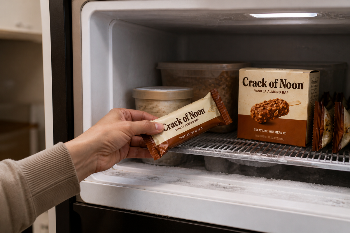 A hand takes a wrapped Crack of Noon concept bar from a freezer beside the concept carton.