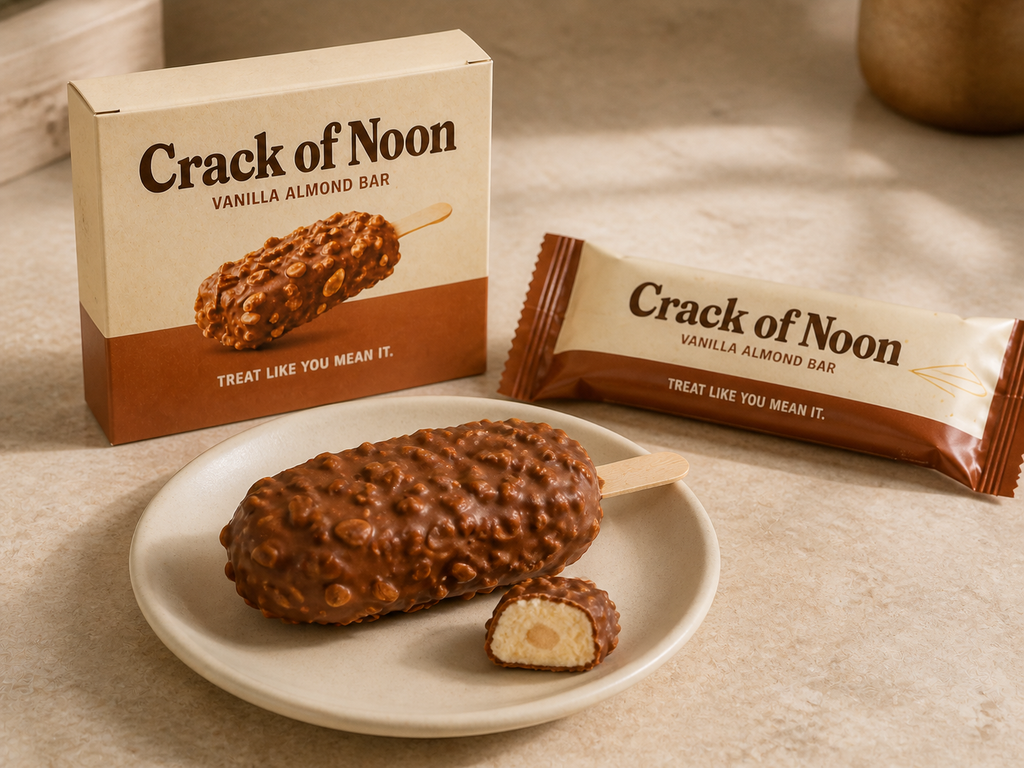 Whole and cut Crack of Noon concept frozen bars on a plate with the concept carton and wrapper behind them.