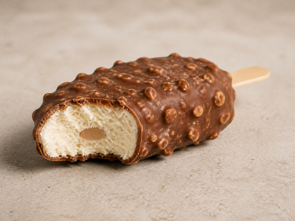 Bitten Crack of Noon concept bar showing a pale frozen centre and a small almond-toned core beneath a studded brown coating.