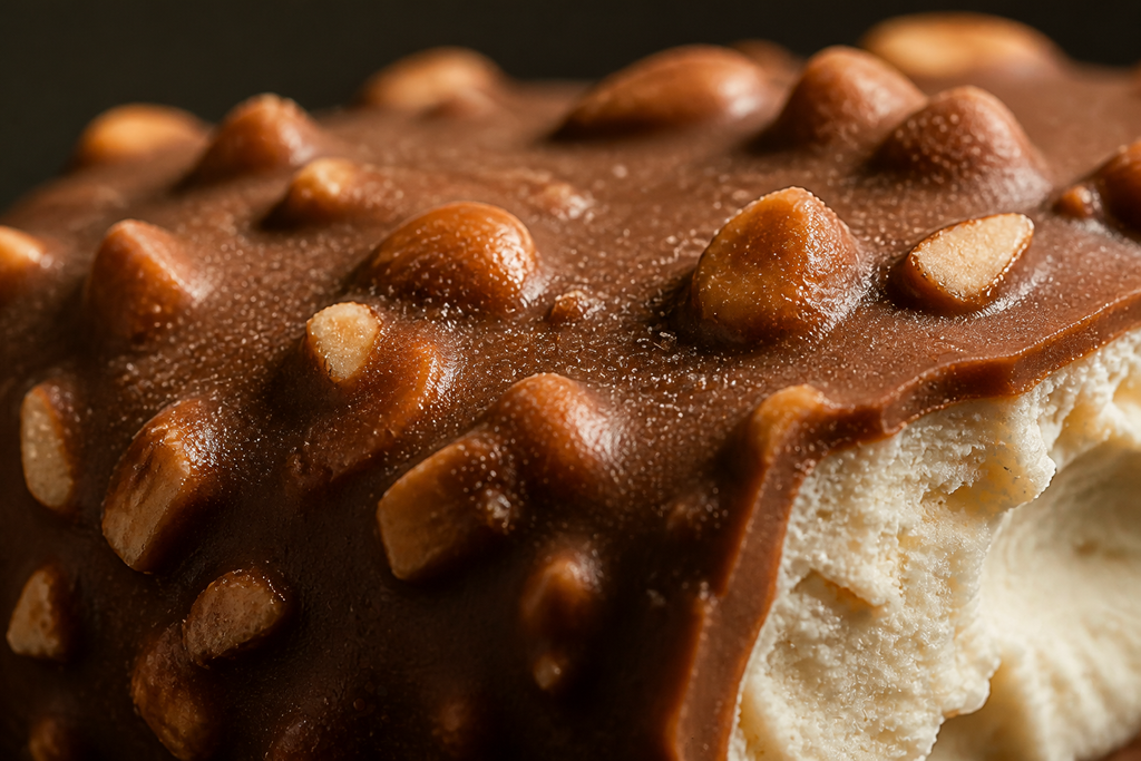 Macro view of the Crack of Noon concept bar's brown coating with embedded almond pieces and a pale interior at the edge.