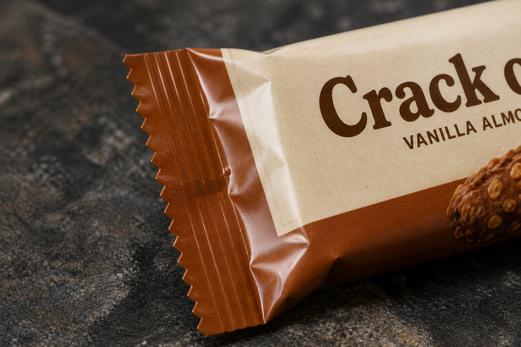 Close view of the sealed brown end and cream label area on a Crack of Noon concept wrapper.