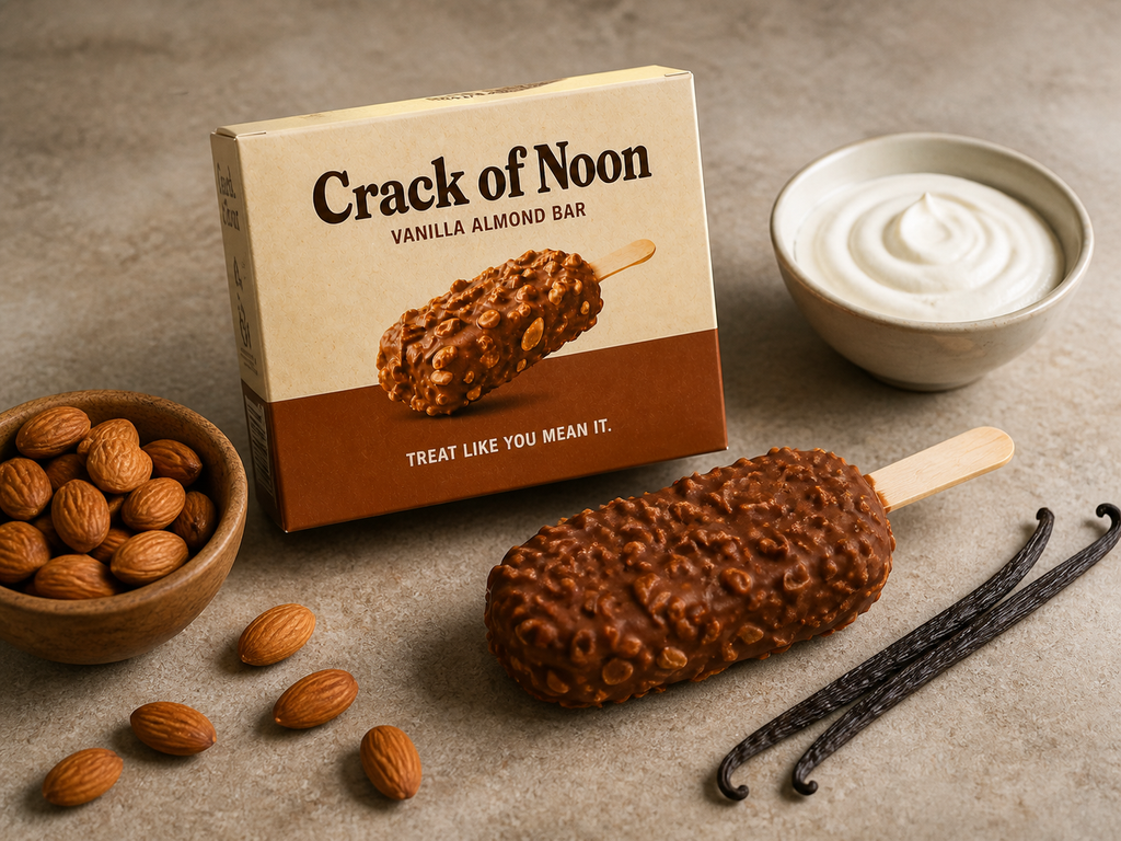 Crack of Noon concept carton and frozen bar styled with whole almonds, vanilla pods and a bowl of pale cream.