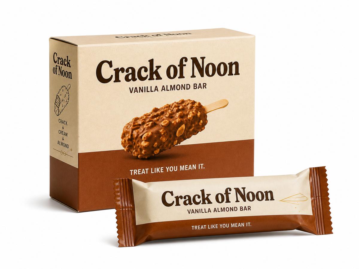 Crack of Noon concept carton and wrapped bar on a clean white studio background.