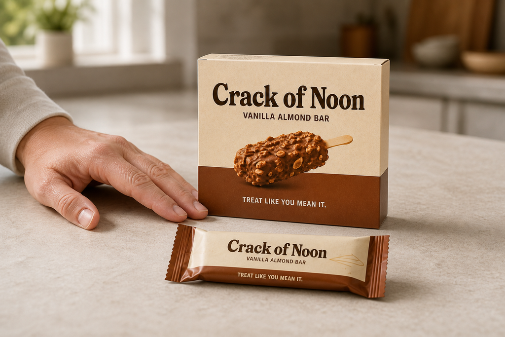 Crack of Noon concept carton and wrapper beside an adult hand for visual scale context.