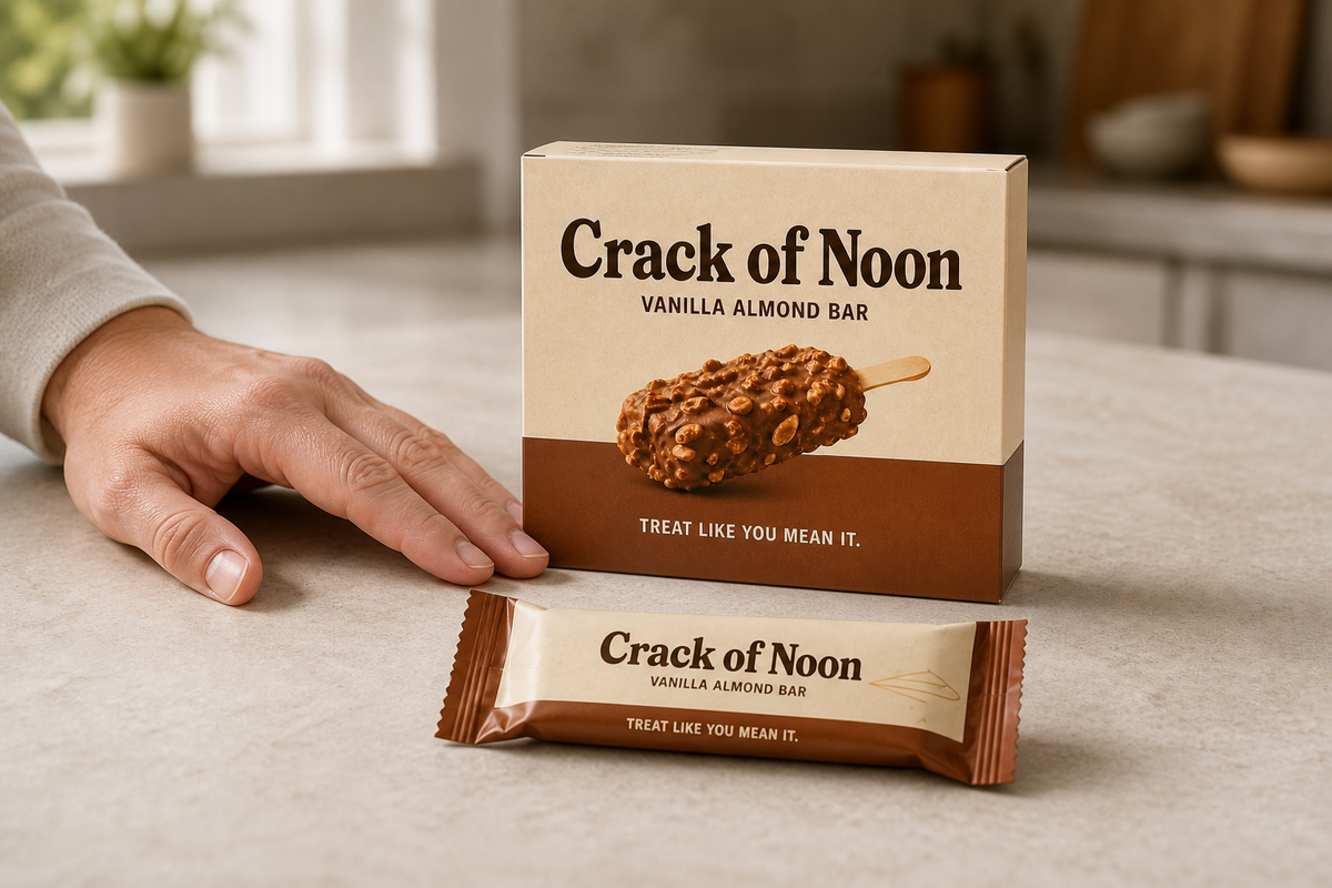 Crack of Noon concept carton and wrapper beside an adult hand for visual scale context.