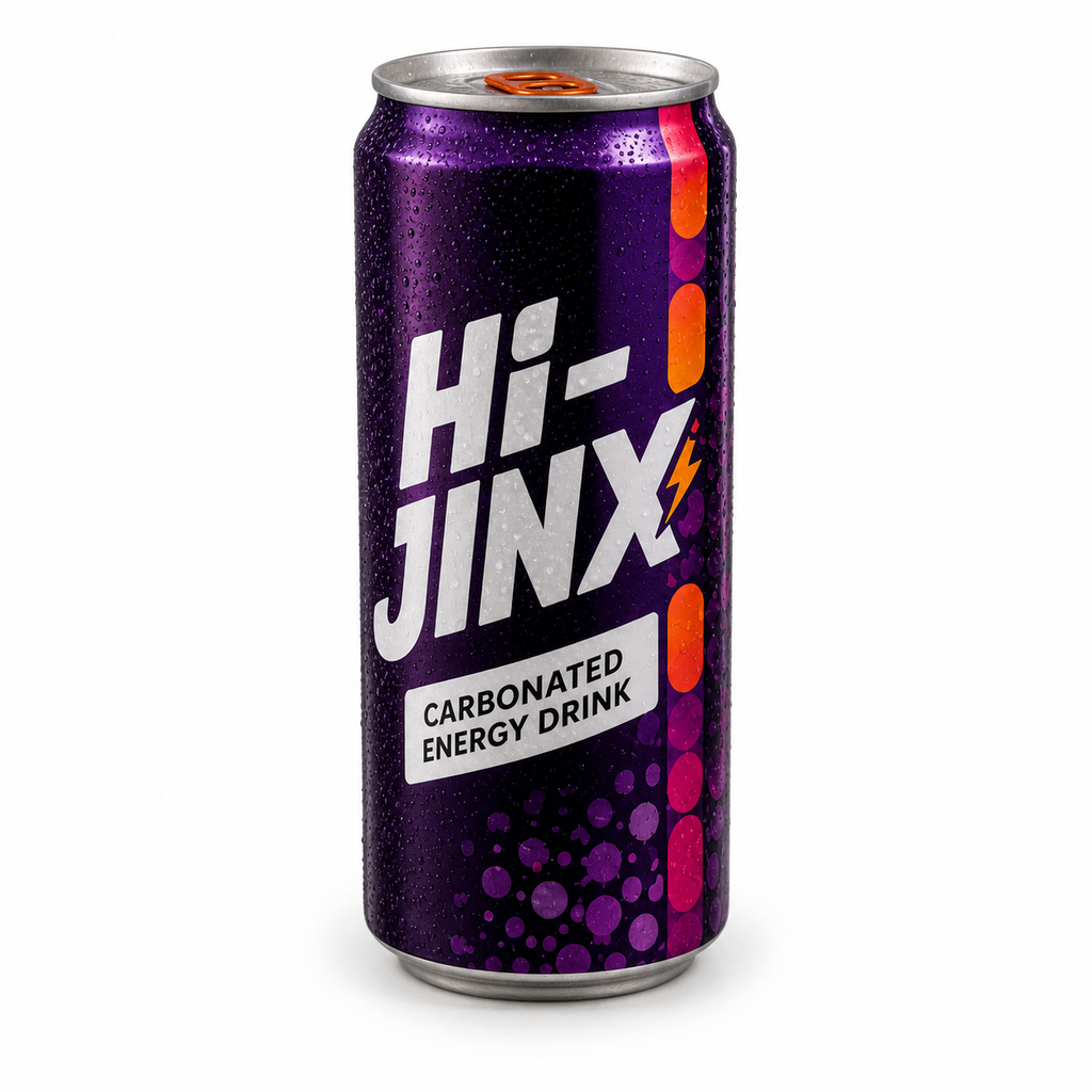 Concept visualization of the front of a slim purple Hi-Jinx can.
