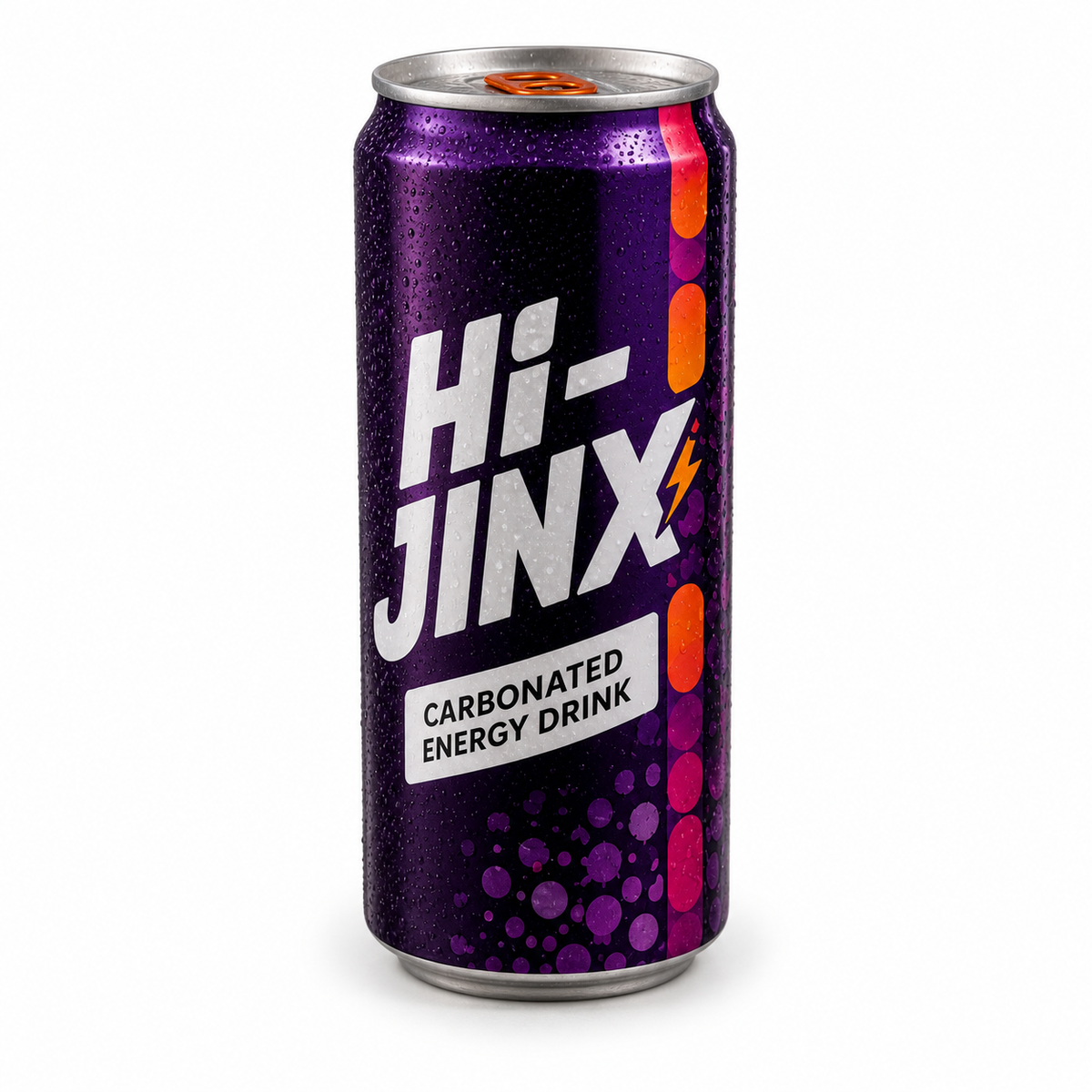 Concept visualization of the front of a slim purple Hi-Jinx can.