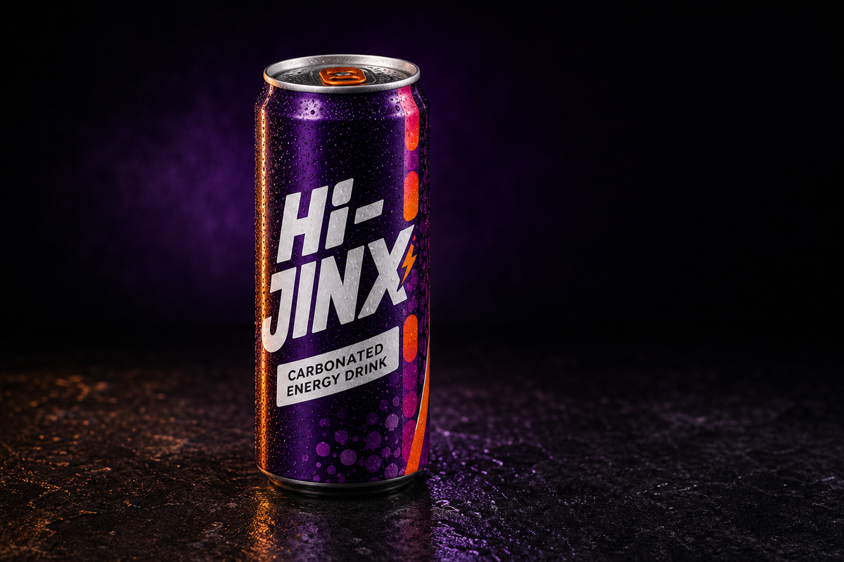 Concept visualization of the Hi-Jinx can in a dark purple studio setting.