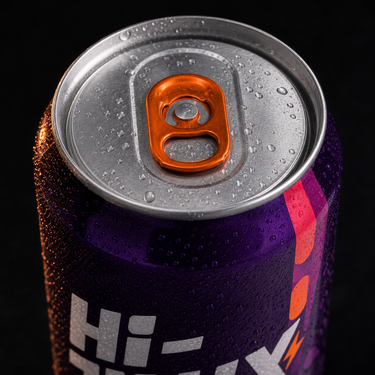 Concept detail showing the orange pull tab on the Hi-Jinx can.