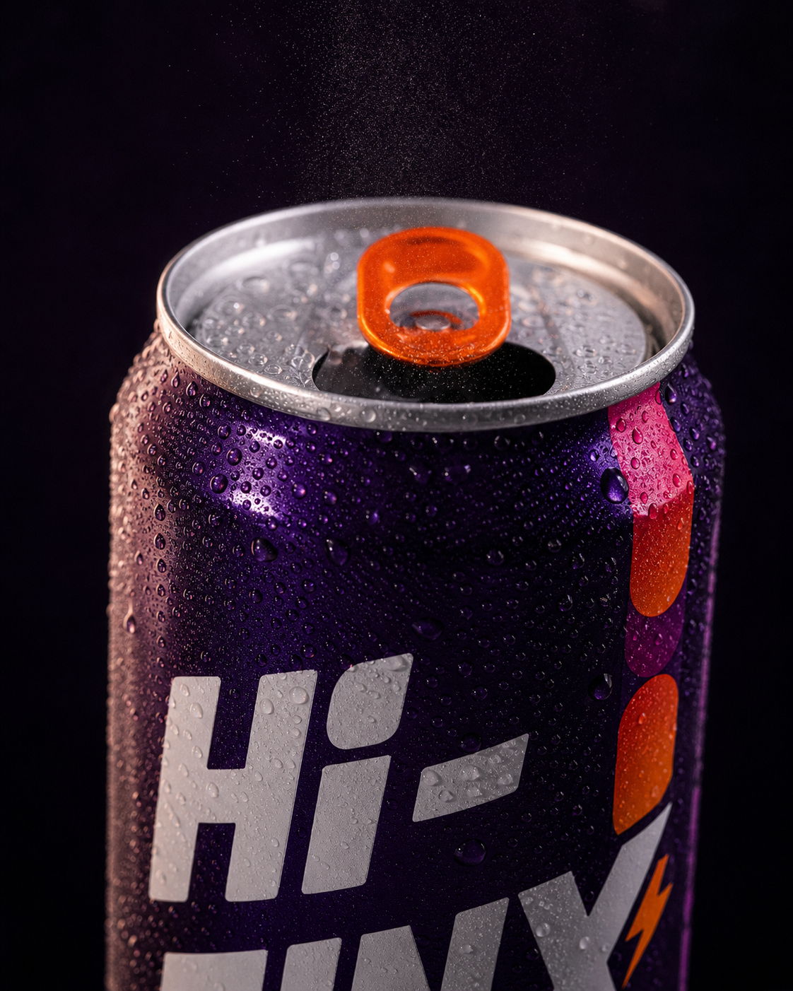 Concept close-up of condensation and carbonation mist above the Hi-Jinx can.