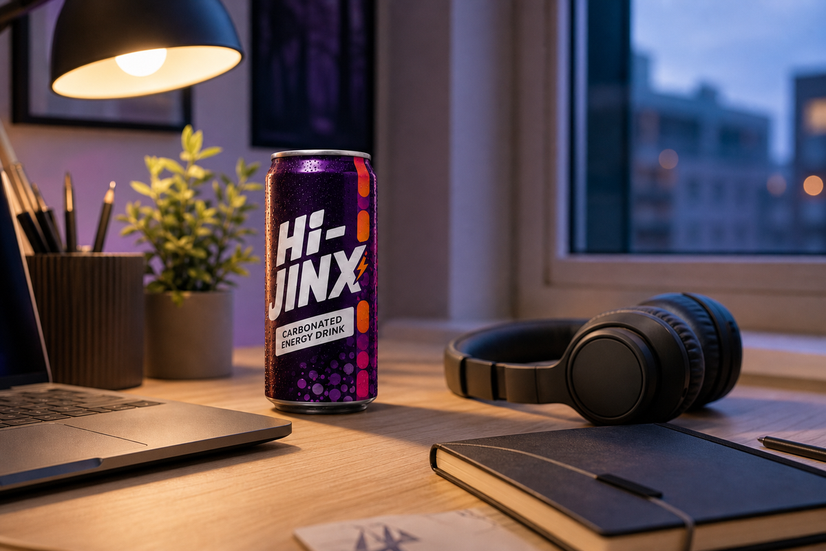Concept visualization of a Hi-Jinx can on a creative desk beside headphones and a notebook.