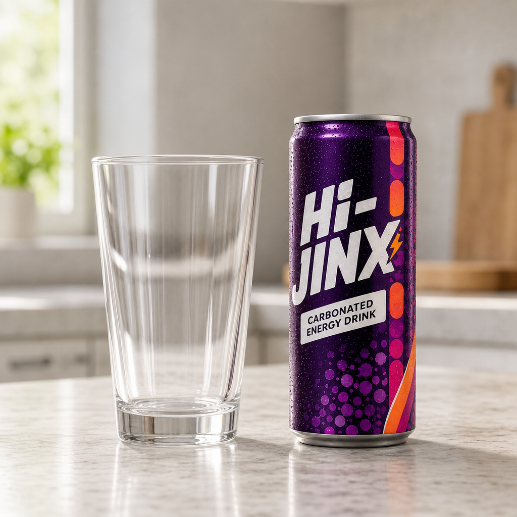 Concept visualization of a Hi-Jinx can beside an empty drinking glass for scale.
