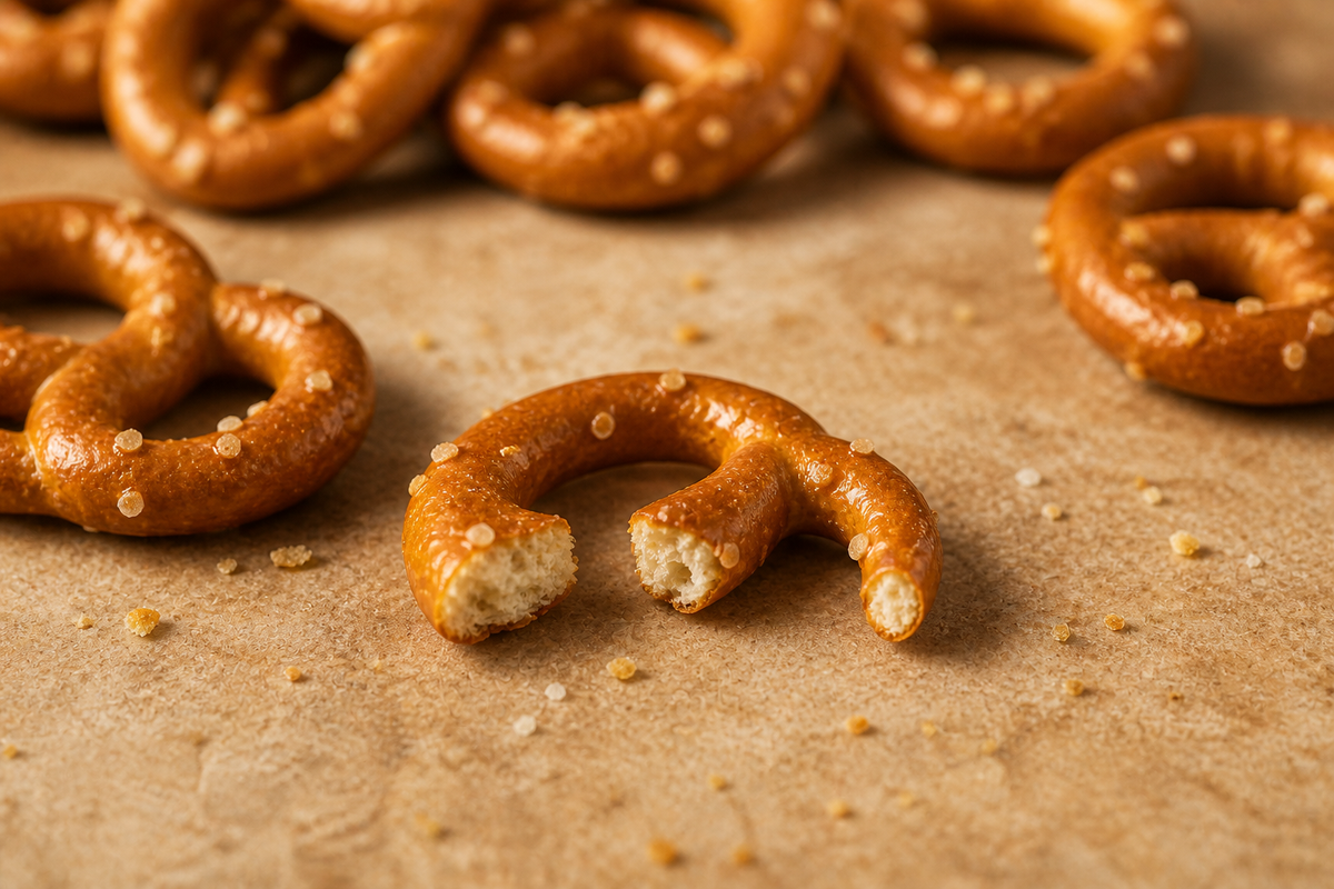image of a broken pretzel twist showing a dry baked crumb.