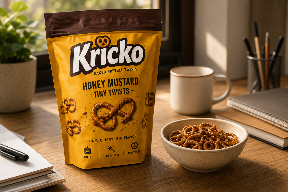 Kricko pouch and pretzel snack bowl in a desk setting.