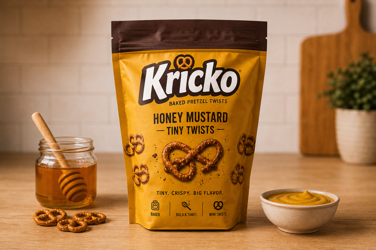 Kricko pouch with honey and mustard flavor cues.