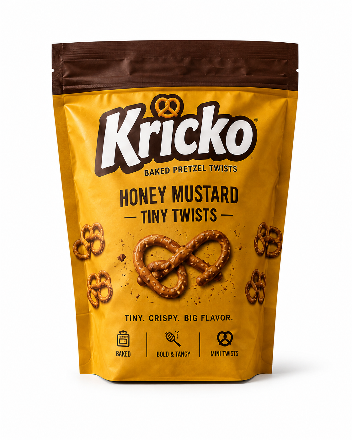 Front view of a yellow-and-brown Kricko Honey Mustard Tiny Twists pouch on white.