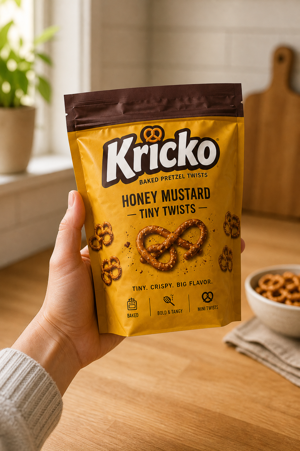 Hand holding a Kricko Honey Mustard Tiny Twists pouch in a kitchen.