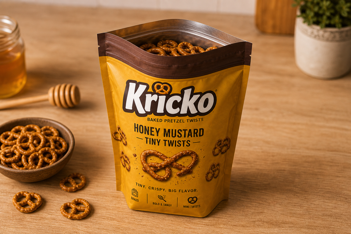 Open Kricko pouch with illustrated tiny pretzel twists.