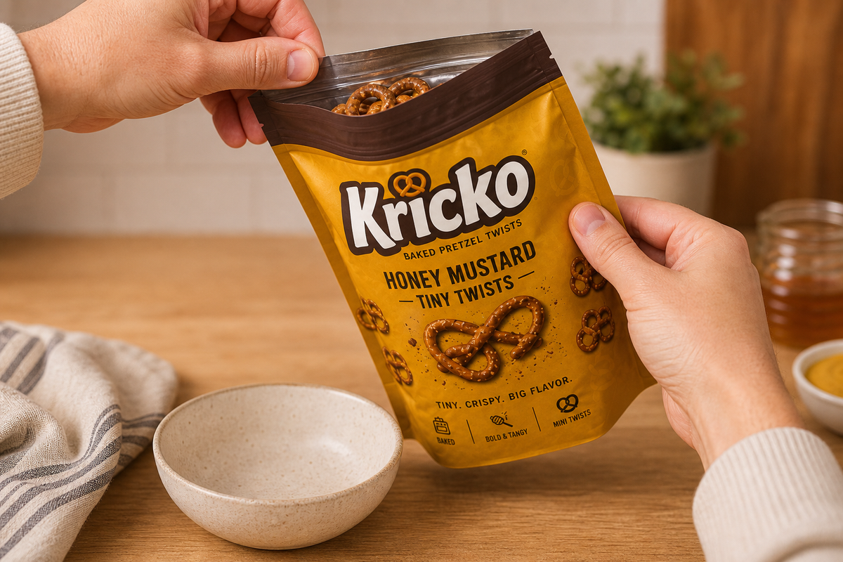 Hands opening a Kricko Honey Mustard Tiny Twists pouch.