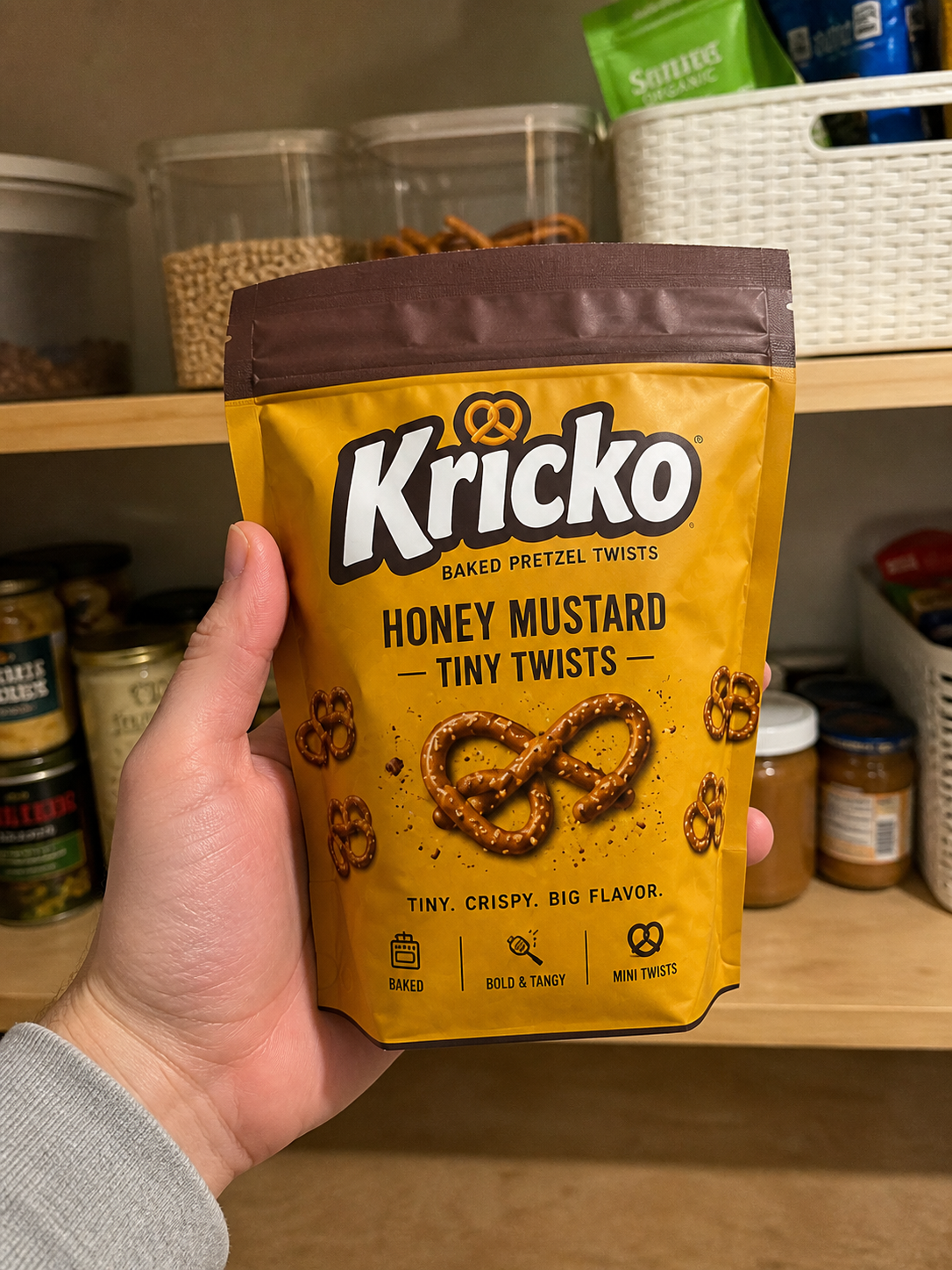 Hand holding a Kricko Honey Mustard Tiny Twists pouch in a pantry scene.