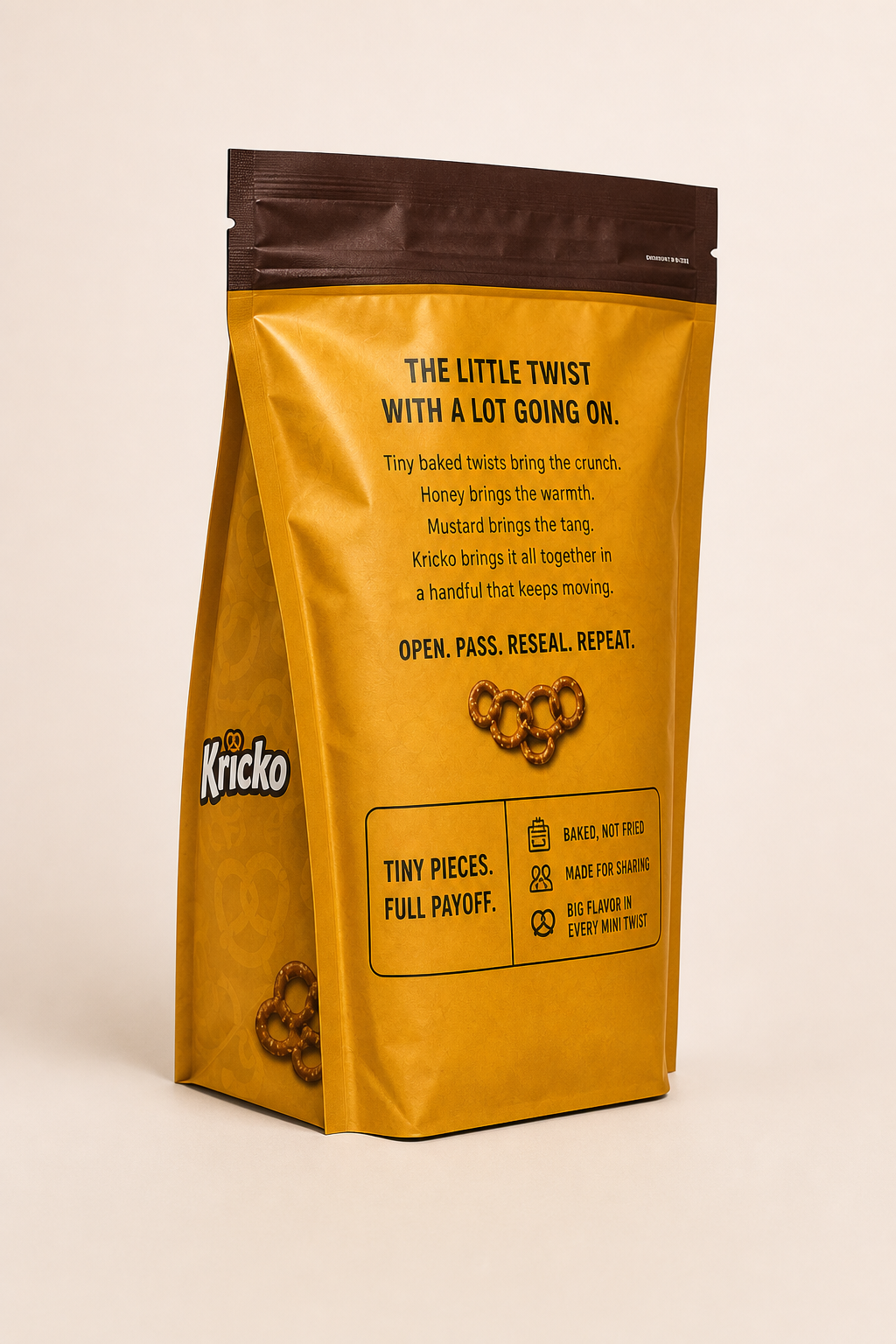 Rear three-quarter view of a Kricko Honey Mustard Tiny Twists pouch.