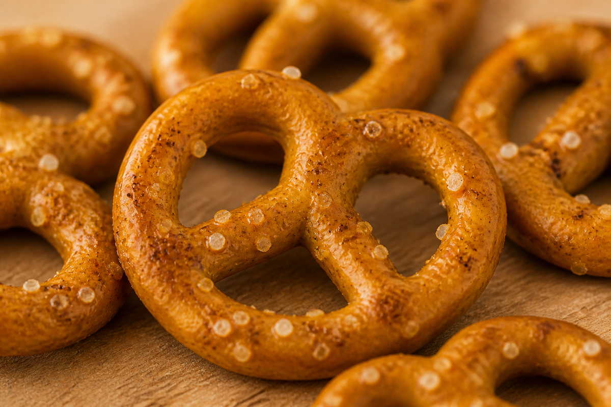 Close-up image of small seasoned pretzel twists with visible salt.