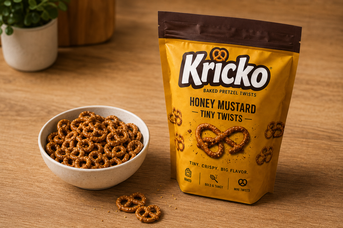 Bowl of pretzel twists beside a Kricko Honey Mustard pouch.