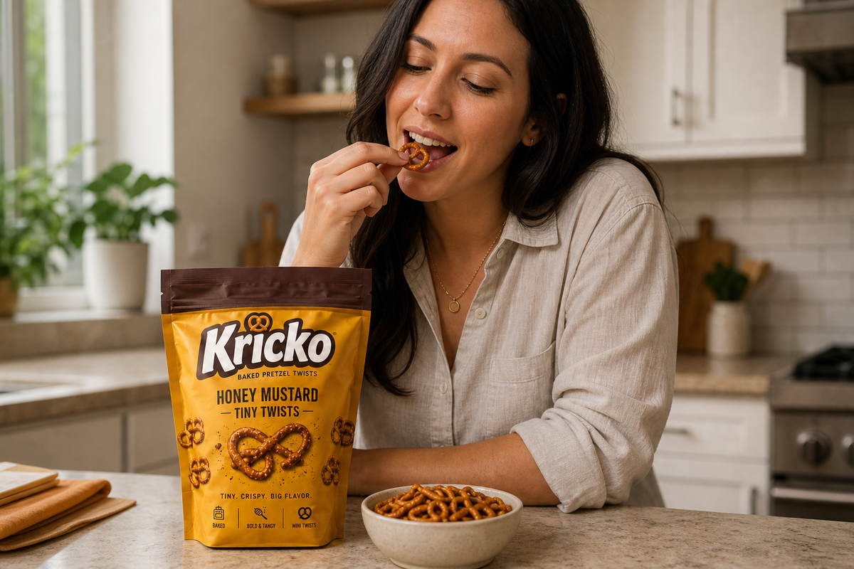 kitchen tasting moment with Kricko honey mustard pretzel twists.