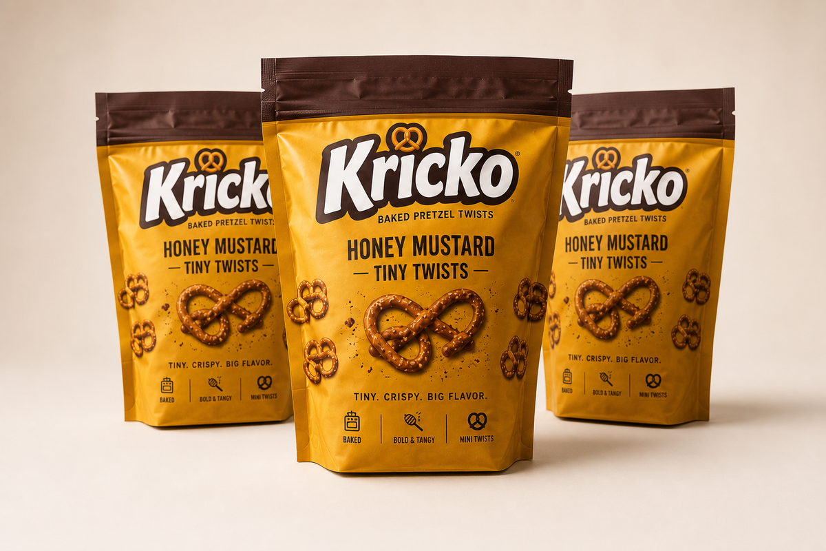Three Kricko Honey Mustard Tiny Twists pouches arranged together.