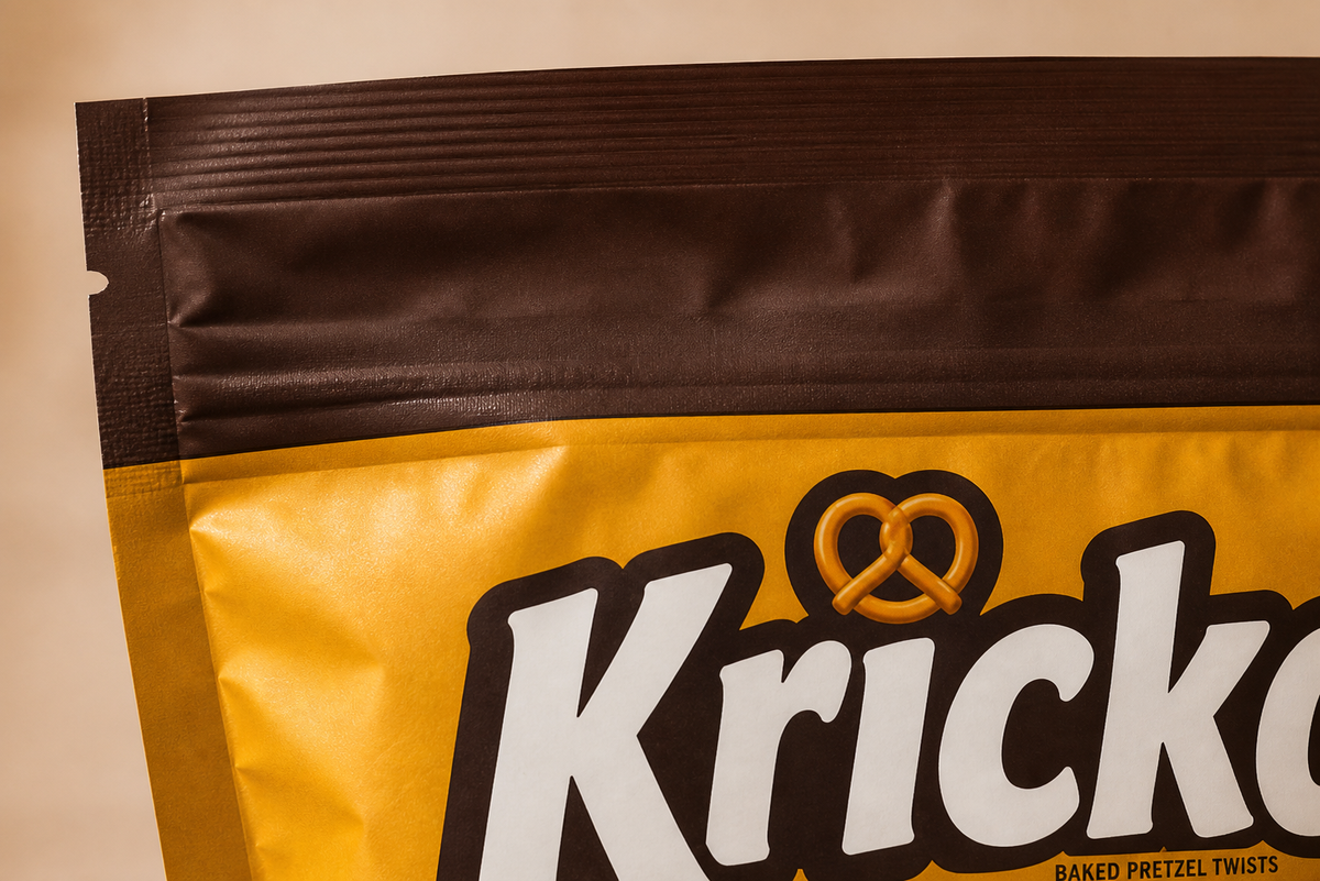 Close view of the Kricko pouch zipper and upper seal.