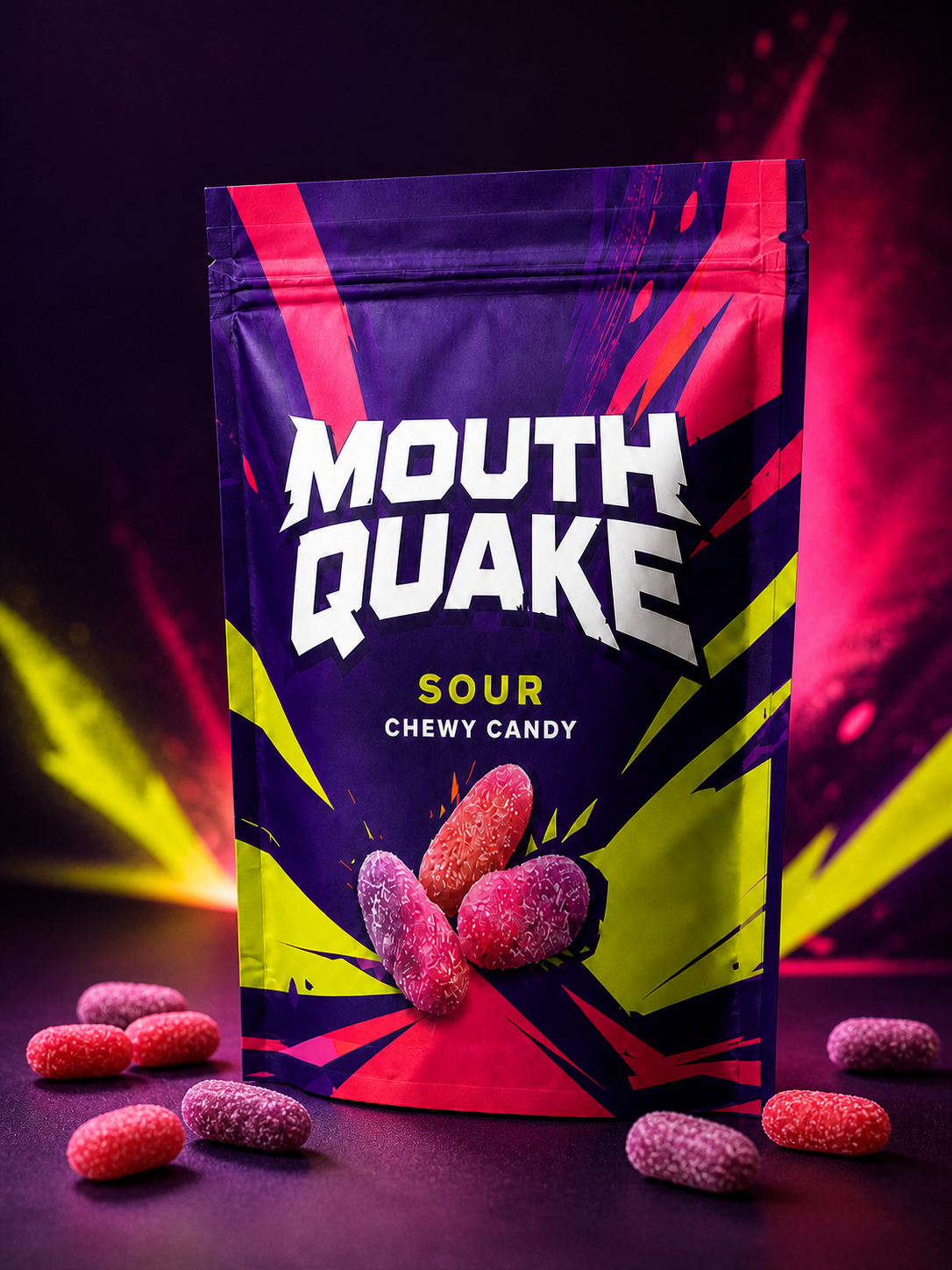 Mouthquake sour chewy candy concept pouch in a vivid purple, pink, and yellow studio scene.