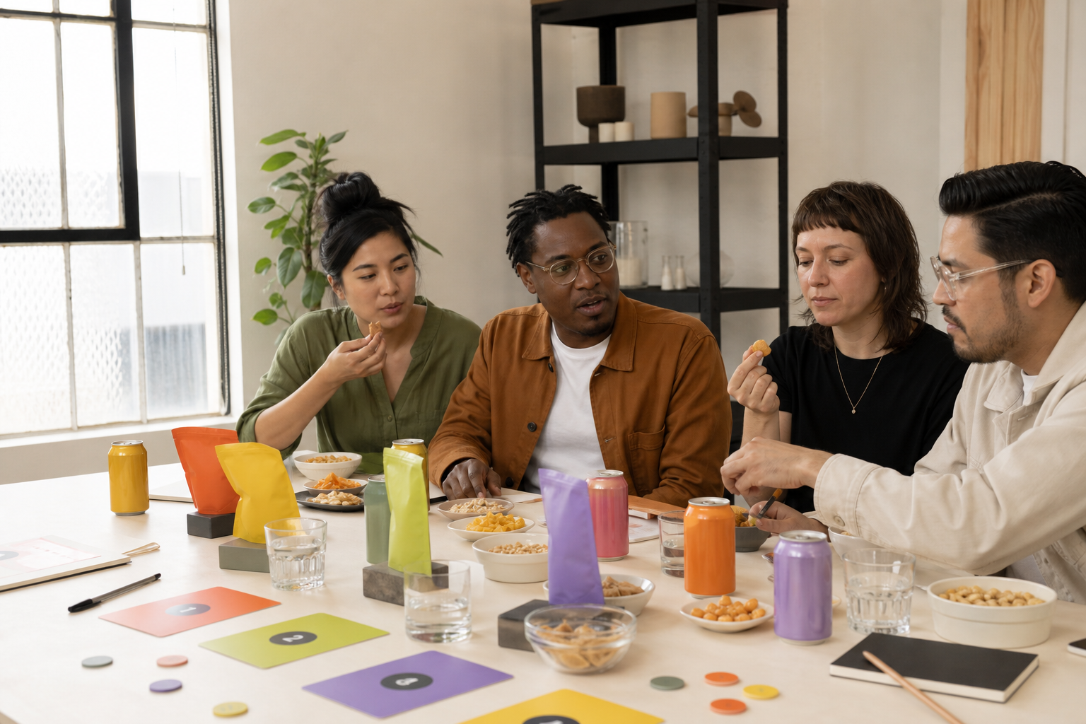 Community tasting panel evaluating unbranded food and beverage samples